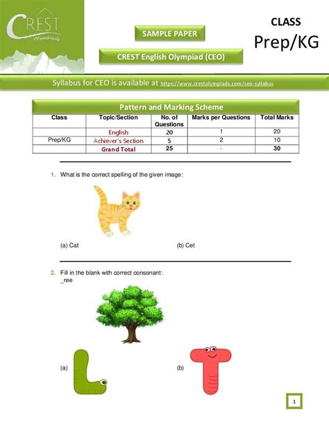 Crest English Olympiad Ceo Class Prep Kg Sample Paper