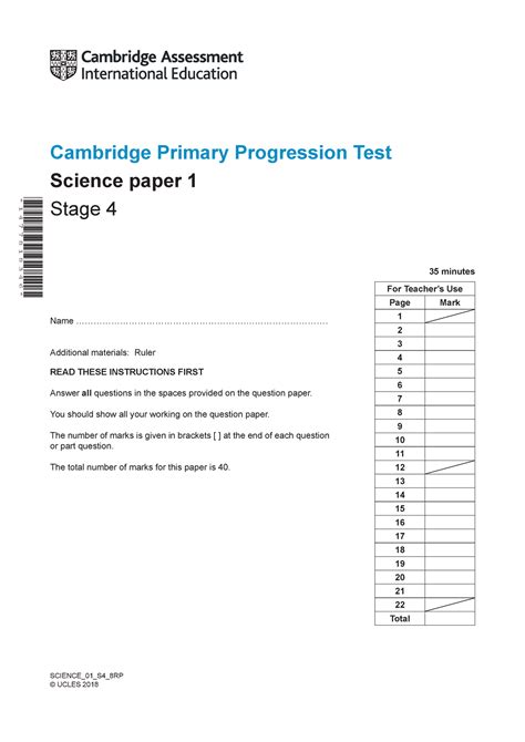 Cambridge Primary Progression Test Science 2018 Stage 4 Paper 1