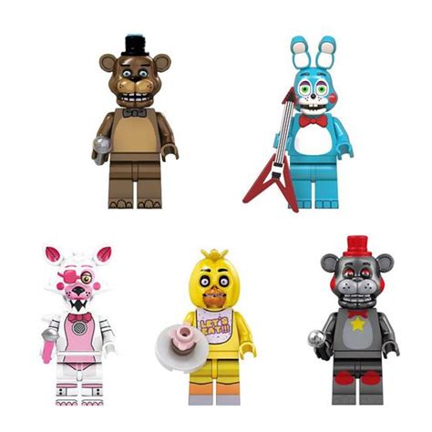 Kit 5 Bonecos Five Nights At Freddys Fnaf Freddy Bonnie Chica Foxy Bloco De Montar