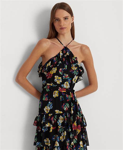 Lauren Ralph Lauren Womens Floral Ruffle Trim Georgette Halter Gown