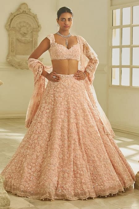 Buy Pink Net Embroidery Floral Sweetheart Neck Bridal Lehenga Set For