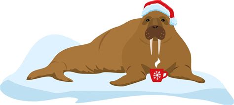 Christmas Walrus In A Cap And With A Candy In Your Mouth Is And Enjoys