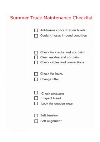 Sample Truck Maintenance Checklist - 3+ IN PDF