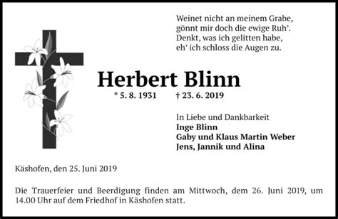 Traueranzeigen Von Herbert Blinn Saarbruecker Zeitung Trauer De