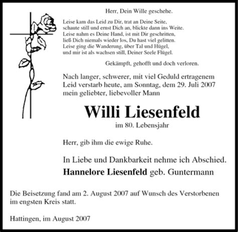 Traueranzeigen Von Willi Liesenfeld Trauer In Nrw De