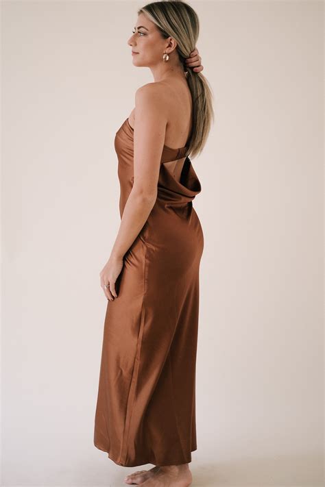 Yasmin Satin Strapless Cowl Drop Back Midi Dress Copper Momni Boutique