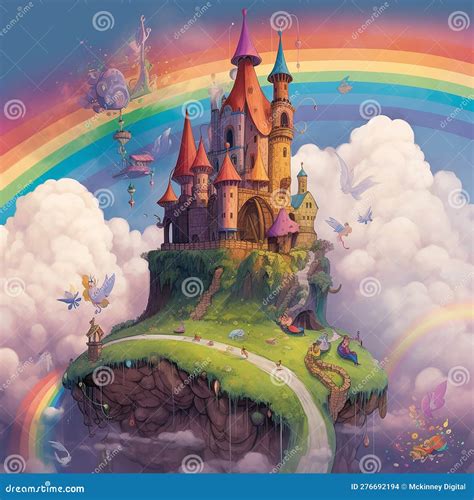 Fairytale Land With Rainbow Castle In The Sky Stock Illustration