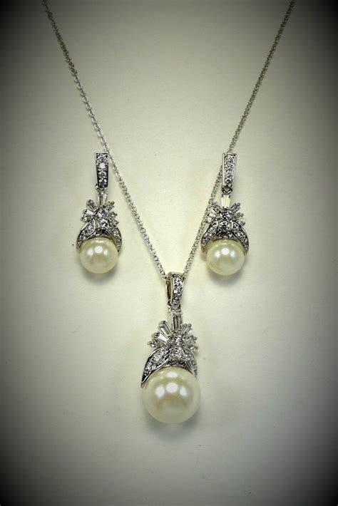 Matching Pearl Necklace And Earring Set In Rhodium Earring Set Pearl