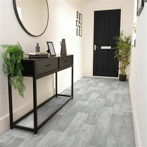 Grey Wood Effect Sheet Vinyl Flooring Lino in Random Plank Pattern for ...