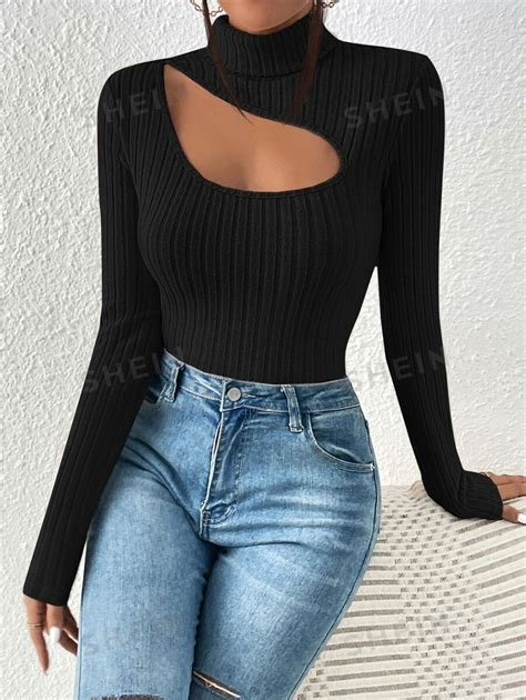 Shein Frenchy Concert Ribbed Knit Cut Out Front Turtle Neck Bodycon Tee