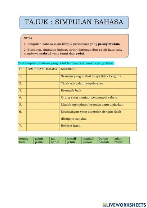 Simpulan Bahasa Activity For Darjah 6 Live Worksheets