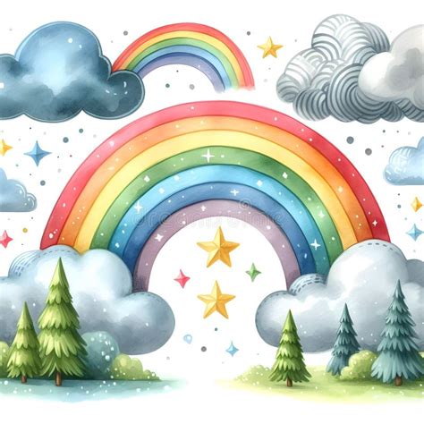 Watercolor Hand Drawn Rainbow And Clouds Isolated On White Background