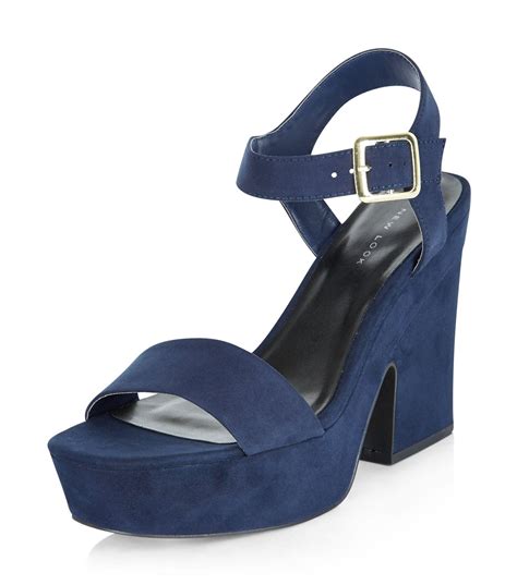 New Look Navy Suedette Block Heel Sandals In Blue Lyst