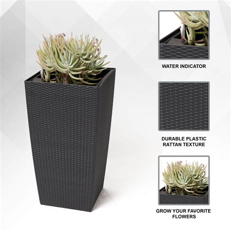 Xbrand Large Exterior Patio Rattan Self Watering Indoor Outdoor Square Planter Pot Black 30 H