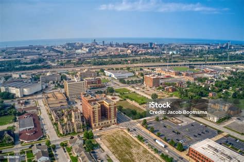 aerial view  downtown gary indiana   steel mill stock photo