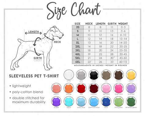 Pet T-shirt Size Color Chart 20 COLORS Dog T-shirt Size Chart Dog Shirt ...