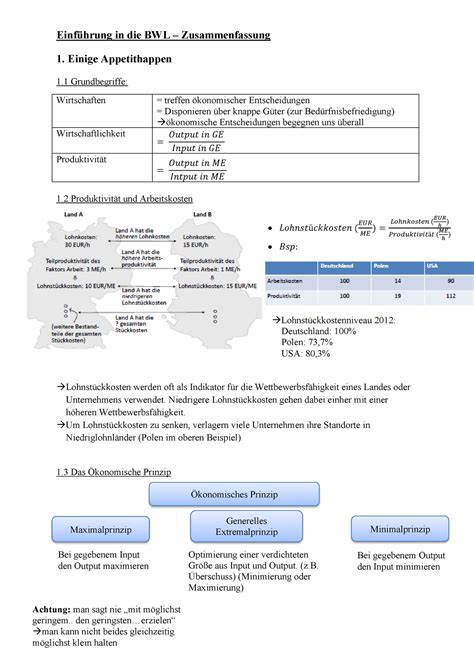 BWL 1 Einführung in BWL in BWL Zusammenfassung 1 Einige