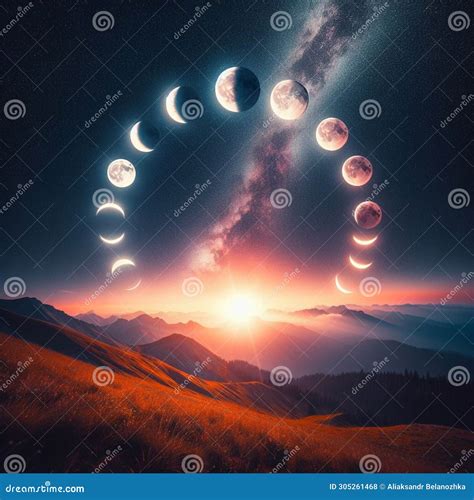Series of Phases of the Moon Over a Beautiful Landscape of Rolling