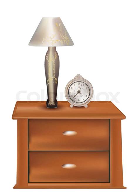 Elegant Wooden Bedside With Vintage Lamp And Classic Alarm Clock On