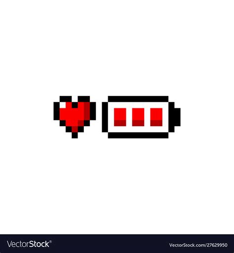 Pixel art heart and battery red icon 8-bit Vector Image