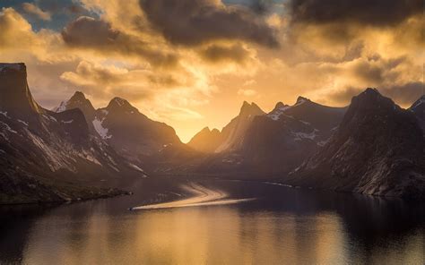 Clouds Nature Mountains Snowy Peak Sky Sunset Fjord Island Sea