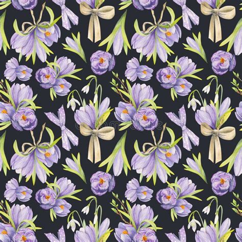 Watercolor Hand Drawn Seamless Pattern With Spring Flowers Crocus