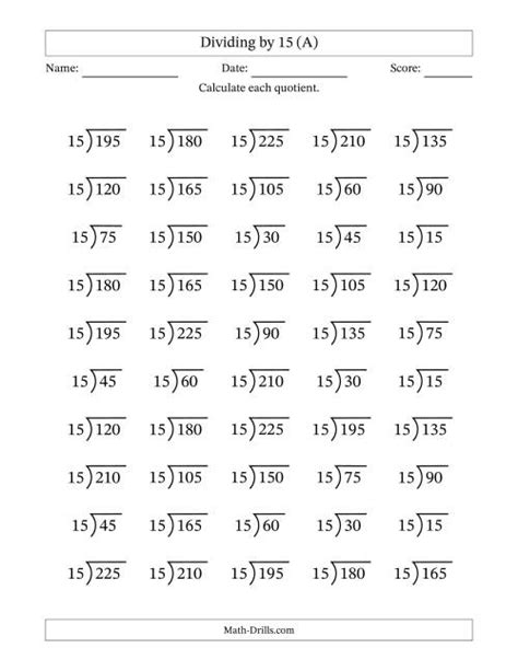 Division Facts By A Fixed Divisor 15 And Quotients From 1 To 15 With Long Division Symbol