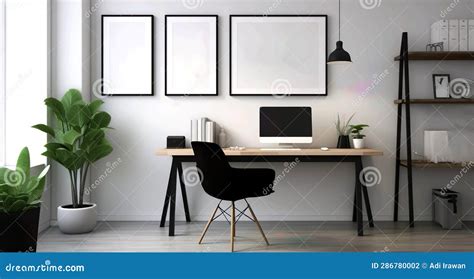 A Framed White Picture On The Wall Above A Desk And Interior Workplace