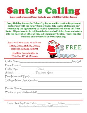 Fillable Online Santas Calling Tahoe City Public Utility District Fax