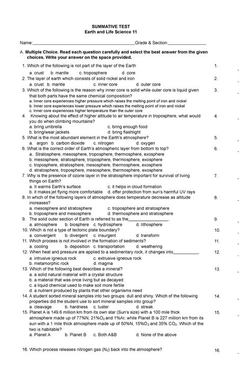 1 Periodical Test Earth And Life Science 11 SUMMATIVE TEST Earth And