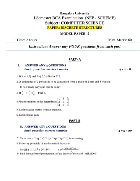 Dst Modelpaper Maths Question Bank Bangalore University I