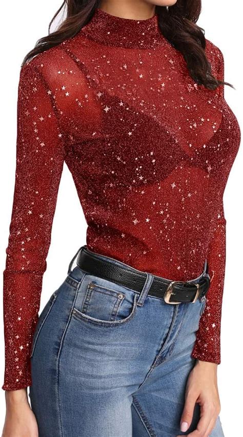 Mangopop Women S Long Sleeve Short Sleeve Glitter Sheer Mesh Tops T Shirt Blouse Clubwear 0