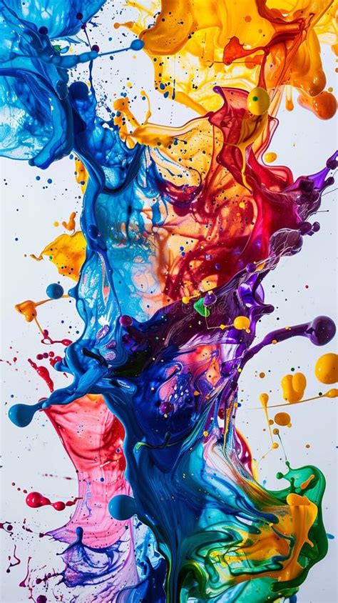 Liquid Rainbow Paint Splashes In Motion On White Background Stock