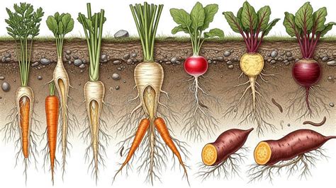 cross section  root vegetables showing roots  soil layers carrot