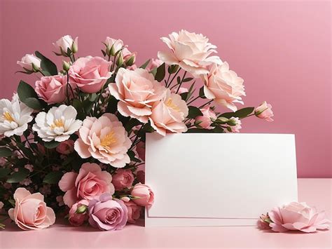 Un Fondo Rosa Con Flores Y Una Tarjeta Blanca Foto Premium