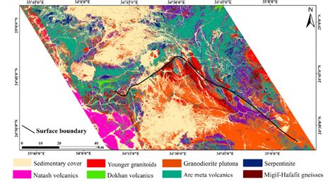 remote sensing based geological map showing rock units distribution