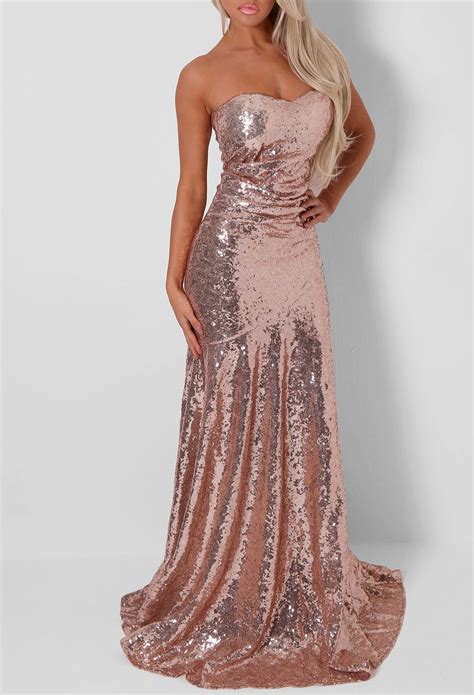 Candace Rose Gold Strapless Sequin Fishtail Maxi Dress Rose Gold Prom