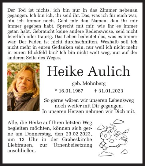 Traueranzeigen Von Heike Aulich Sich Erinnern De