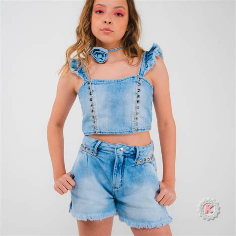 Conjunto De Cropped E Short All Jeans Kukixo Moda Infantil