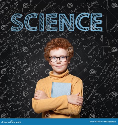Lern Science. Clever Student Child on Blackboard Background with Maths