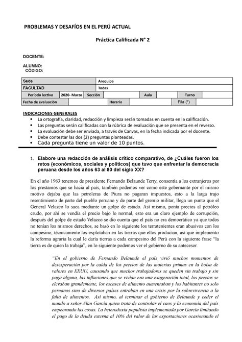 Practica Calificada 2 Problemas Y Desafios En El Peru PROBLEMAS Y