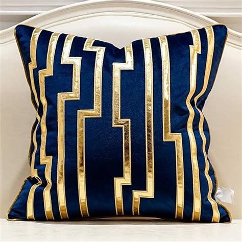 Avigers 18 X 18 Inches Navy Blue Gold Leather Striped Cushion Cases Luxury European