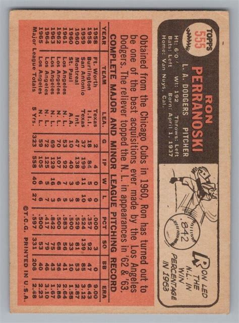 1966 Topps Baseball Ron Perranoski 555 Los Angeles Dodgers EX MT EBay