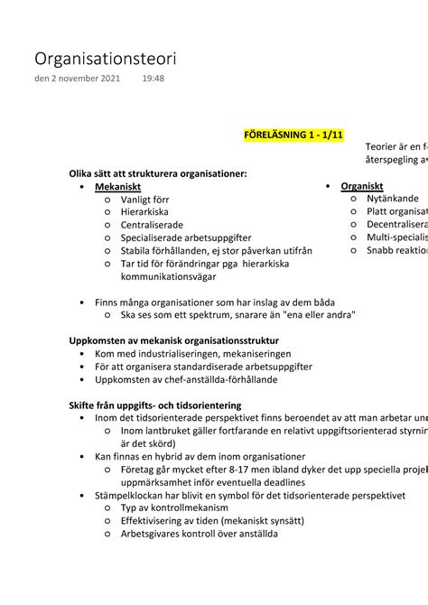 Organisationsteori sammanfattande föreläsningsanteckningar