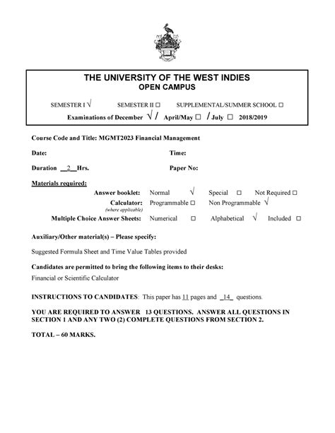 MGMT 2023 Financial Management S12018 Course Code And Title MGMT2023