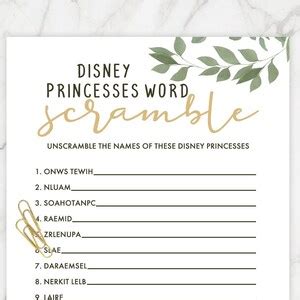 Bridal Shower Game Disney Princesses Word Scramble Greenery Etsy