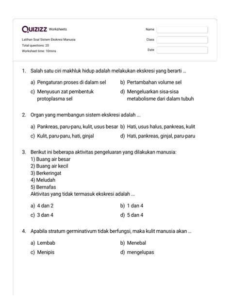 Latihan Soal Sistem Ekskresi Manusia Quizizz Pdf