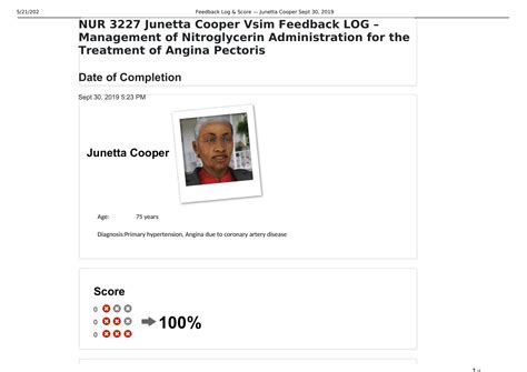 NUR 3227 Junetta Cooper Vsim Feedback LOG Management Of Nitroglycerin