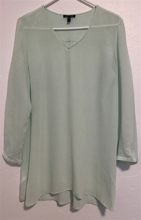 Eileen Fisher Silk Sheer Crinckled Green Teal Tunic L Gem