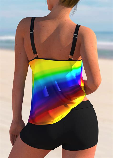 Printed Spaghetti Strap Rainbow Color Tankini Set Rosewe USD 38 98